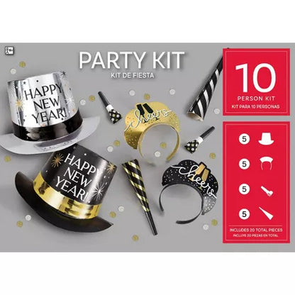 Kit for 10 - Black, Silver, & Gold Toast in Top Hats New Year's Eve Party Kit, 20pc