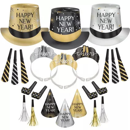 Kit for 100 - Black, Silver, & Gold Cheers New Year's Eve Party Kit, 200pc