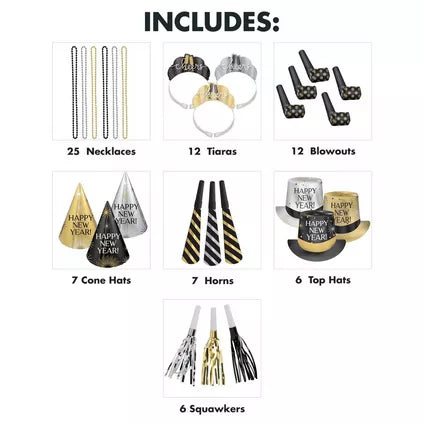 Kit for 25 - Black, Silver, & Gold Cheers New Year's Eve Party Kit, 75pc