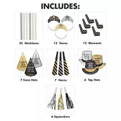 Kit for 25 - Black, Silver, & Gold Cheers New Year's Eve Party Kit, 75pc