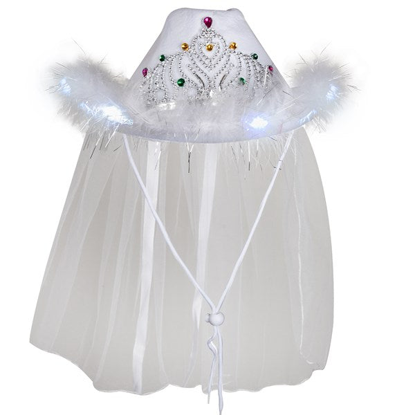 LED White Cowboy Hat with Tiara and Veil