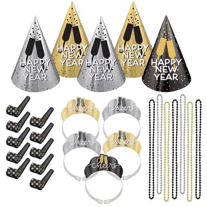 Kit for 10 - Black, Silver, & Gold Cheers New Year's Eve Party Kit, 30pc