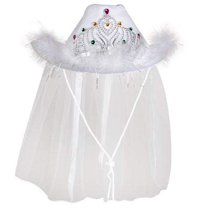 LED White Cowboy Hat with Tiara and Veil