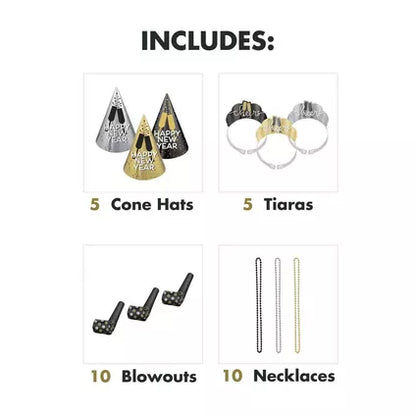 Kit for 10 - Black, Silver, & Gold Cheers New Year's Eve Party Kit, 30pc