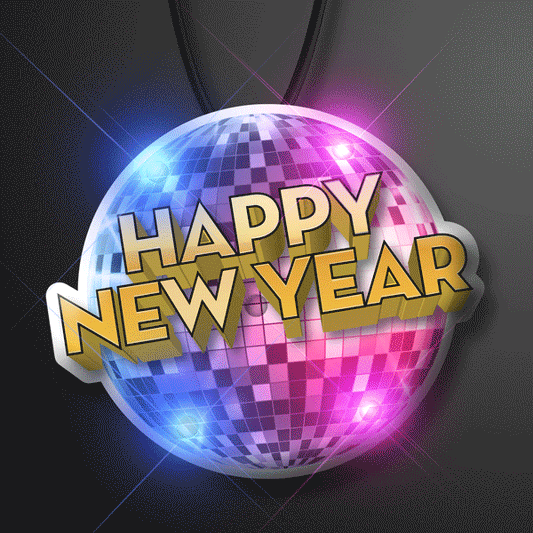 "Happy New Year" Disco Ball Blinkies on Black String Lanyard