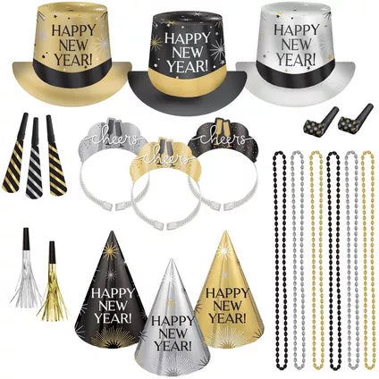 Kit for 25 - Black, Silver, & Gold Cheers New Year's Eve Party Kit, 75pc