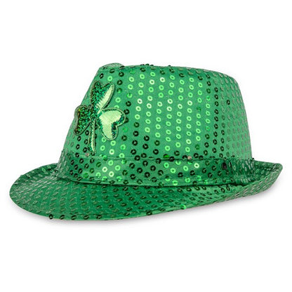 LED Green Shamrock Sequin Fedora Hat