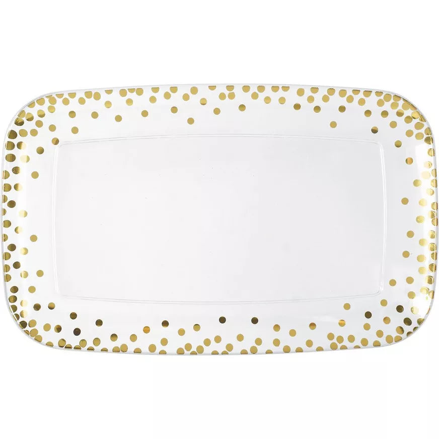 Metallic Gold Polka Dots Plastic Rectangular Platter, 18in x 11in