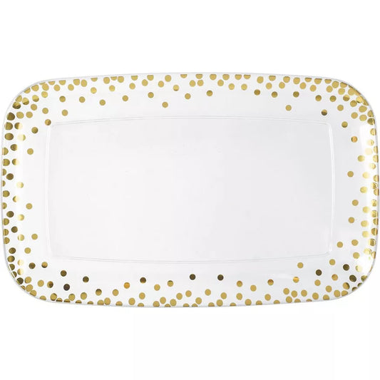 Metallic Gold Polka Dots Plastic Rectangular Platter, 18in x 11in