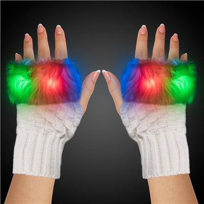 LED White Fuzzy Half Gloves