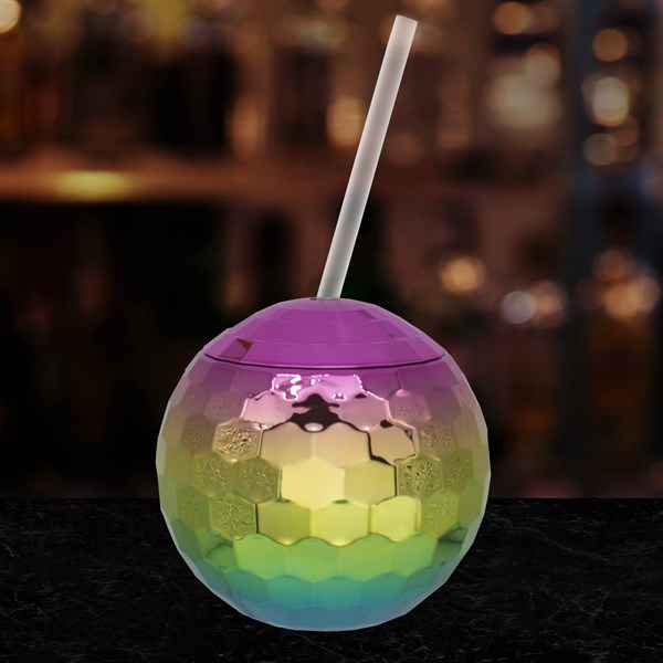 Rainbow Disco Ball Cup with Straw