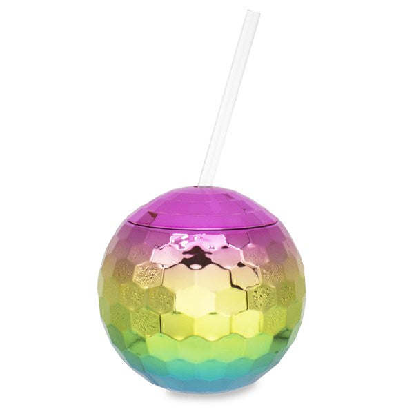 Rainbow Disco Ball Cup with Straw