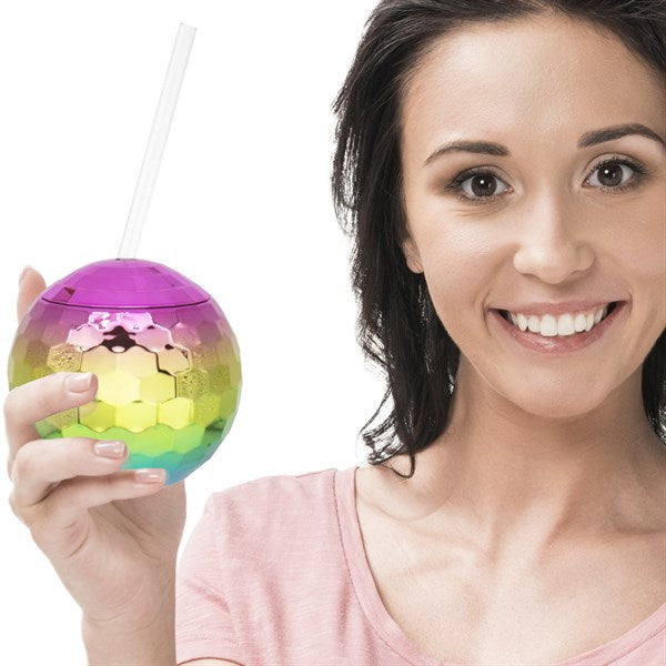 Rainbow Disco Ball Cup with Straw