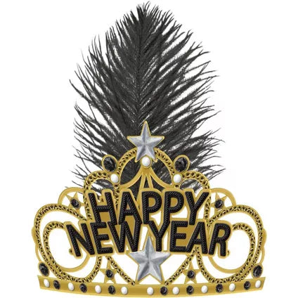 Black, Gold & Silver New Year's Feather & Plastic Tiara, 7in