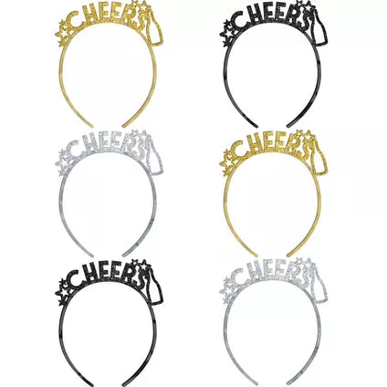 Glitter Black, Gold & Silver Cheers Headbands 6ct