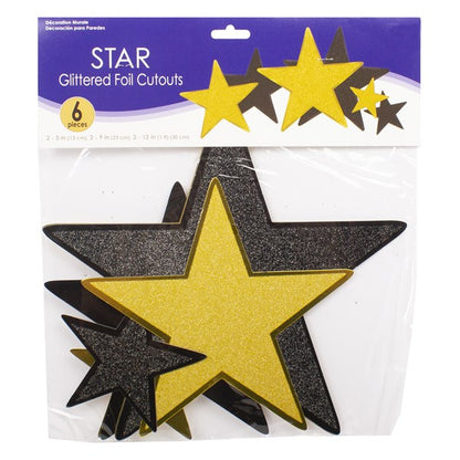 Black & Gold Glitter Star Cutouts (6 Per pack)