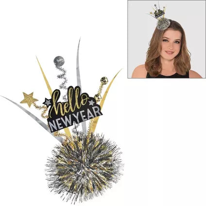 Black, Silver & Gold Hello New Year Tinsel & Plastic Fascinator