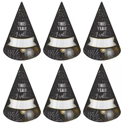 Black, Silver & Gold Fill-In New Year's Resolution Party Hats, 8ct