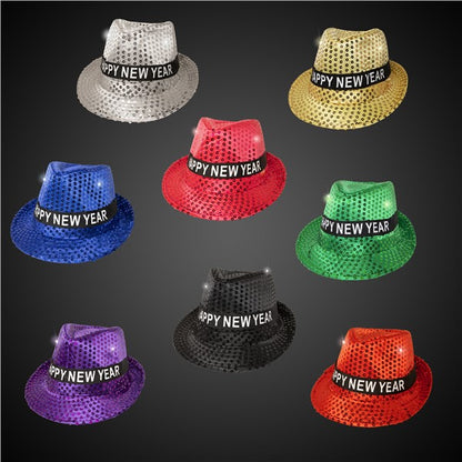 LED New Years Sequin Fedoras (12 Per pack)