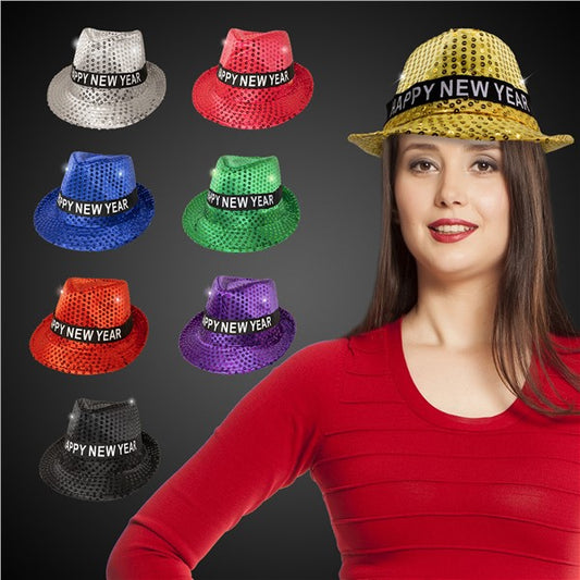 LED New Years Sequin Fedoras (12 Per pack)