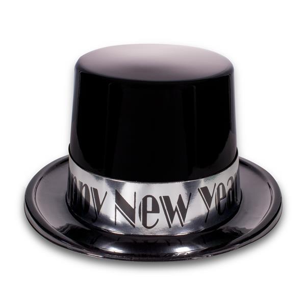 Black & Silver Happy New Year Top Hats (12 Per pack)