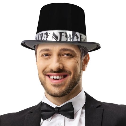 Black & Silver Happy New Year Top Hats (12 Per pack)