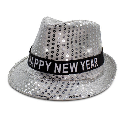 LED Happy New Year Silver Fedora