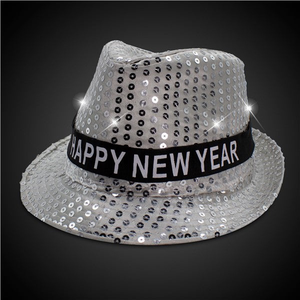 LED Happy New Year Silver Fedora